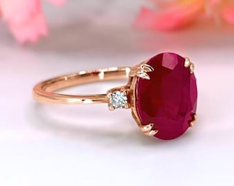 Anillo de rubí de oro de 14 quilates, anillo ovalado de rubí y diamantes para mujer, joyería fina, regalo de aniversario para ella.