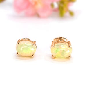 Opal Stud Earrings 1.17 Carat Oval Natural White Opal 14K Gold Studs October Birthstone Earrings Gift for Her Timeless Gold Jewelry