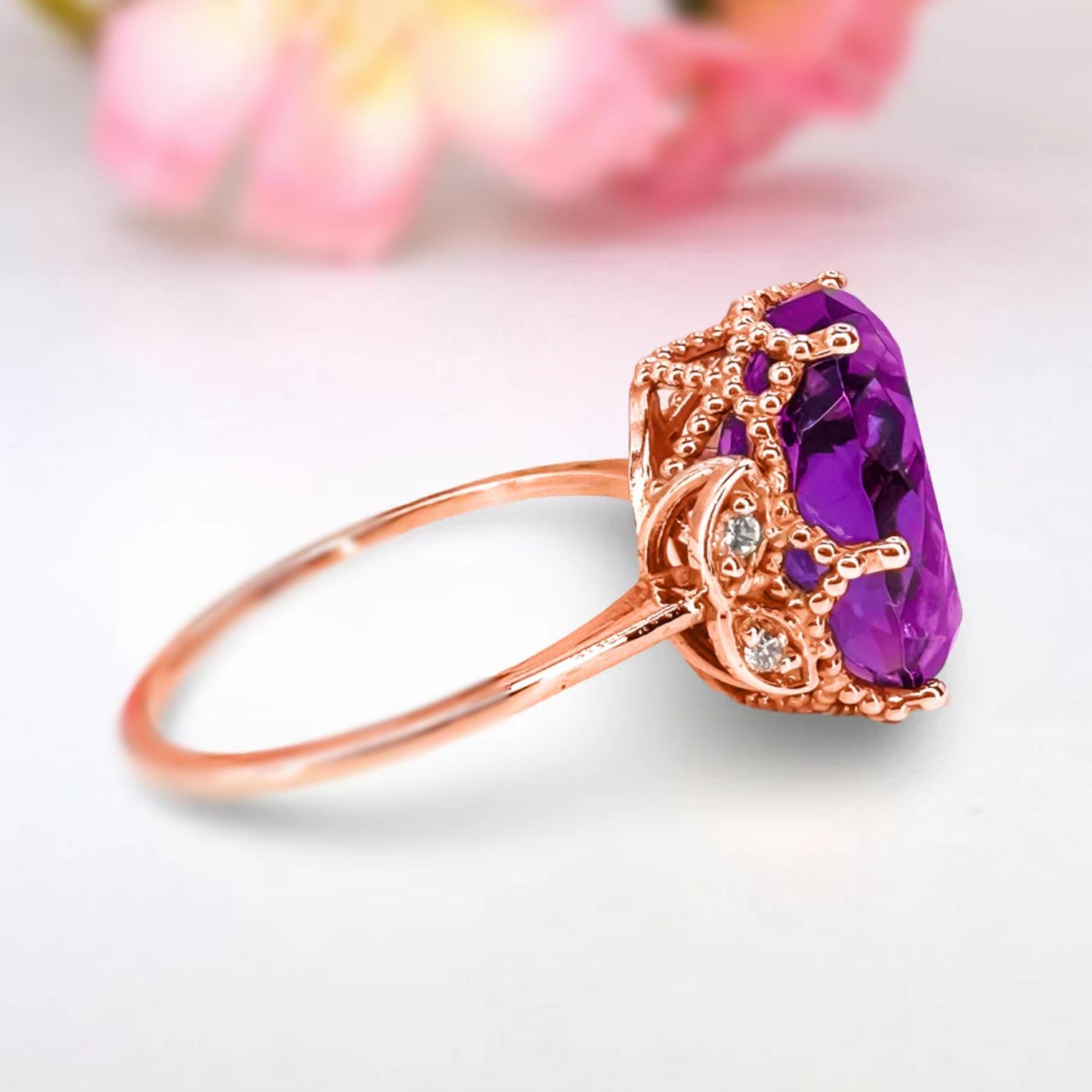 Amethyst and Diamond Halo Cluster Ring Amethyst Ring 10K/14K Gold Crown Design Oval  Diamond Accents Milgrain Wedding Jewelry Gift for Her