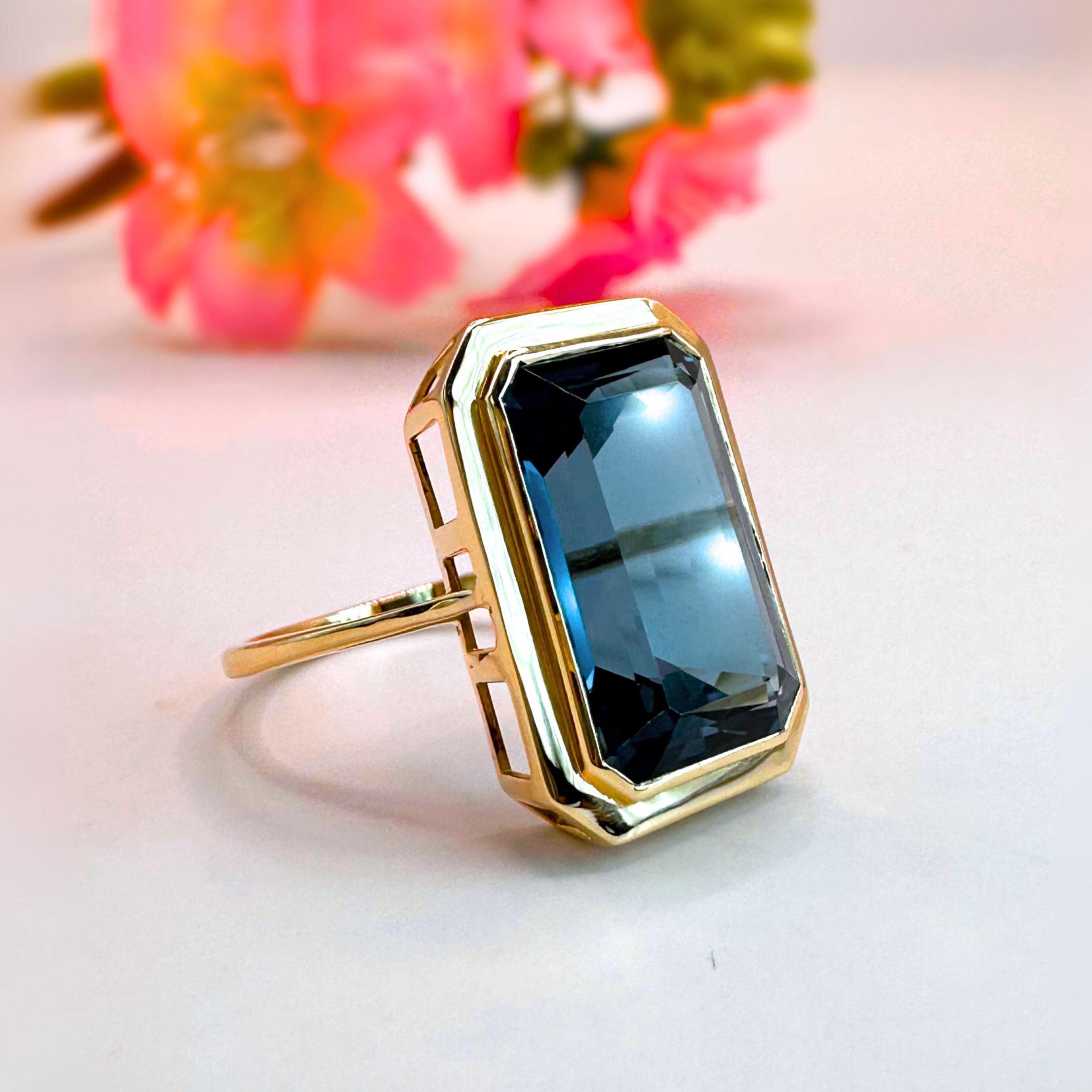 London Blue Topaz Ring 14K Gold 5.50ct Emerald Cut Bezel Set Statement Jewelry Anniversary Gift for Her Handmade Minimalist Gold Band