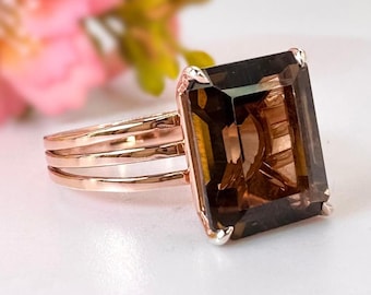 Natural Smoky Quartz Ring 14K Gold Emerald Cut 5.40ct Brown Quartz Cocktail Ring Gift for Her Fine Jewelry