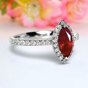 Ruby Ring 14K Gold 1.01 Marquise Ruby Diamond Halo Ring for Women Anniversary Gift For Her