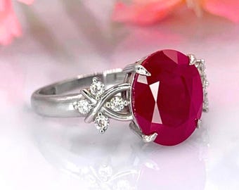 Ruby Ring 14K Gold Oval Ruby Diamond Ring July Birthstone Anniversary Gift for Her