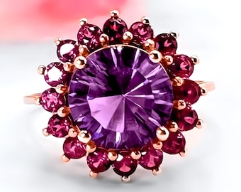 Purple Amethyst Ring 14K Solid Gold for Women Gift for Mom from Daughter Round Natural Purple Gemstone Jewelry Natural February Birthstone
