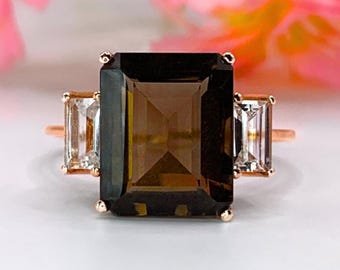 Anillo de cuarzo ahumado en oro de 14 quilates con topacio blanco, joyería llamativa, regalo para ella, anillo de aniversario de cuarzo marrón.