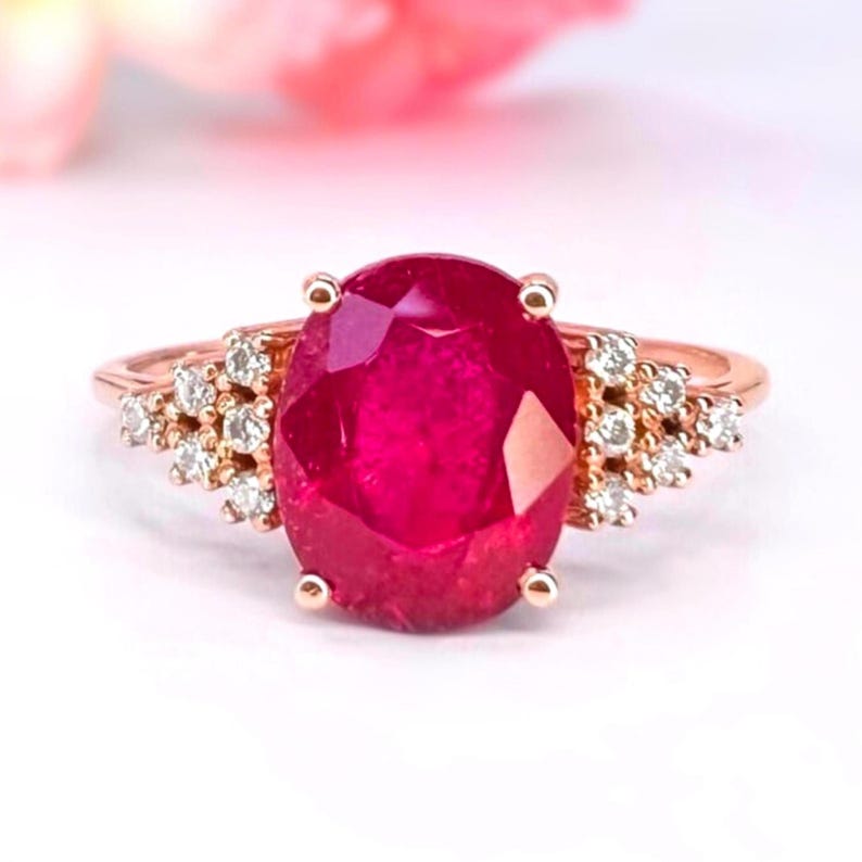 Ruby Ring 14K Gold Oval Ruby Diamond Ring Gift for Her July Birthstone ...