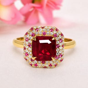 Ruby Ring 14K Gold 2.03ct Emerald Cut Ruby Halo Pink Sapphire Diamond Cocktail Ring Statement Engagement Ring for Her