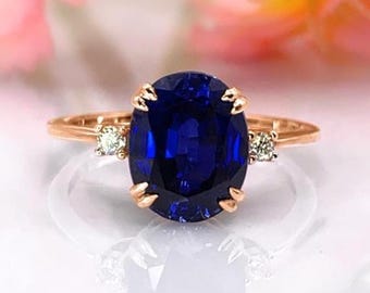 Ring met blauwe saffier, 14 karaats goud, ovale saffier van 3,10 ct, romantisch cadeau voor haar tijdens een bruiloft of jubileum.