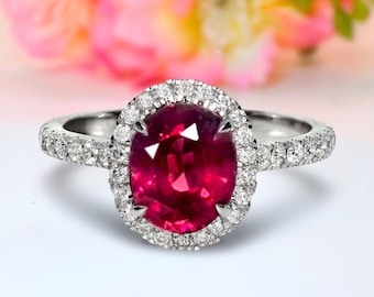 Garnet Ring 14K Gold Oval Red Garnet 2.62ct Diamond Halo Engagement Ring for Women Anniversary Gift