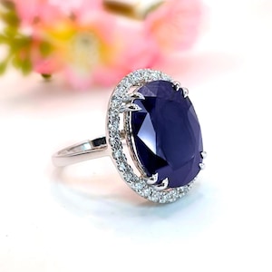 Vintage blauwe saffier verlovingsring, echte saffier prinses Diana ovaal geslepen 14k geelgouden diamanten ring, ring met blauwe saffier van 6,59 kt.