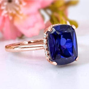 Blue Sapphire Ring 14K Gold Cushion Cut 3ct Lab-Created Sapphire Gold Ring for Women Elegant Minimalist Statement Gift for Her