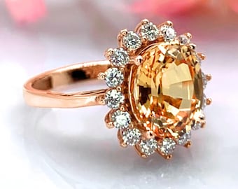 Yellow Sapphire Ring 14K Gold Oval 4.20ct Sapphire Diamond Halo Engagement Ring Gift For Her