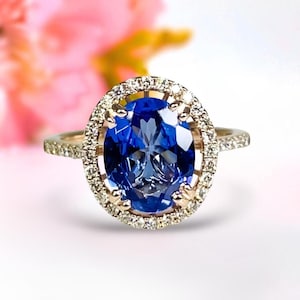 Natural Tanzanite Engagement Ring in 14k Gold / Oval Cut Genuine Tanzanite Diamond Ring / December Birthstone / Push Present