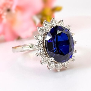 Oval Lab Created Sapphire 14k Solid Gold Engagement Rings For Women Blue Gemstone Ring Princess Diana Ring September Birthstone Promise Ring
