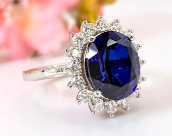 Oval Blue Sapphire Ring 14k Solid Gold Sapphire Engagement Ring For Women Diamond Halo Princess Diana Ring