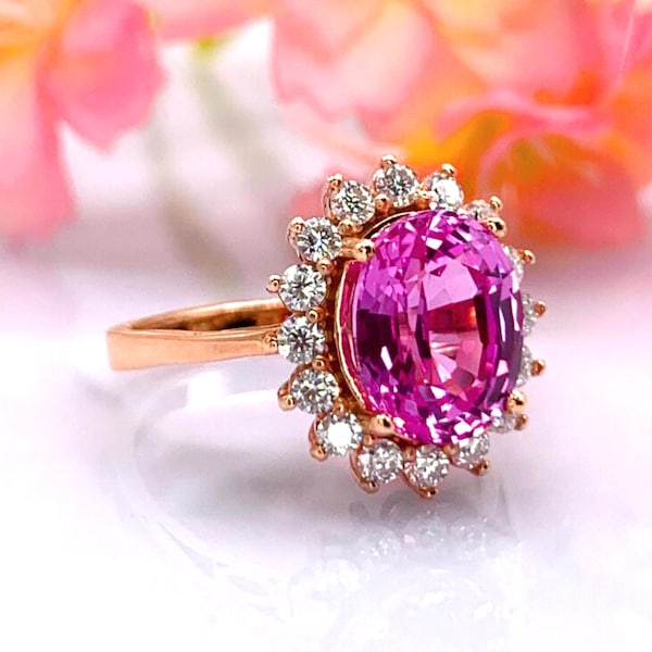 Pink Sapphire Ring 14K Gold Oval 3.20ct Pink Sapphire Diamond Halo September Birthstone Gift For Her
