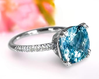 Aquamarine Engagement Ring 14K Gold Cushion Cut Aquamarine Ring Diamond Band Ring Gift For Her