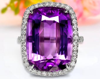 Amethyst Ring 14k Solid Gold 17ct Cushion Cut Natural Amethyst Gold Ring For Women