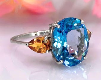 Swiss Blue Topaz Ring 14K Gold Oval Citrine 5.50ct Cocktail Ring November Birthstone Gold Ring