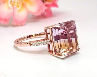 Ametrine Ring 14K Rose Gold Emerald Cut Ametrine Statement Ring Gift for Wife Romantic Anniversary Gift Unique Gemstone Ring