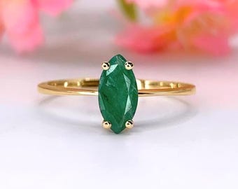 Zierliche natürliche Smaragd Ring 14K Gold Marquise Vivid Green sambischen Smaragd Mai Geburtsstein
