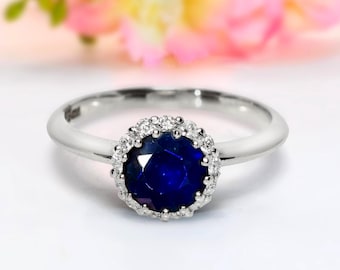 Blue Sapphire Ring 14K Gold 1.32ct Round Halo Diamond Ring for Women Gift For Her Bride Statement Jewelry
