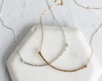Hammered Curved Bar Necklace | Sterling Silver, Gold Filled