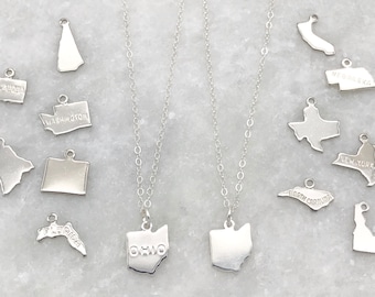 May include: Two silver necklaces with state-shaped pendants. One pendant is of the state of Ohio, the other is blank. Other state pendants are scattered around the necklaces, including Virginia, Washington, Maryland, Utah, Florida, Texas, New York, North Carolina, Delaware, and Nebraska.