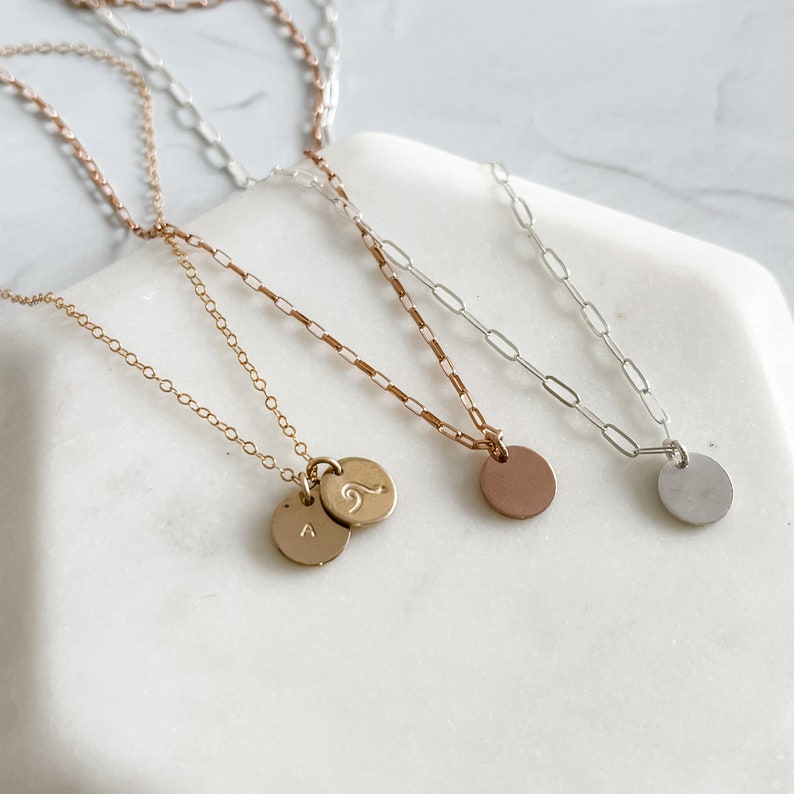 Customizable Small Disc Necklace Hand Stamped Personalization Dainty Chain Sterling Silver Gold Filled Rose Gold Filled image 3