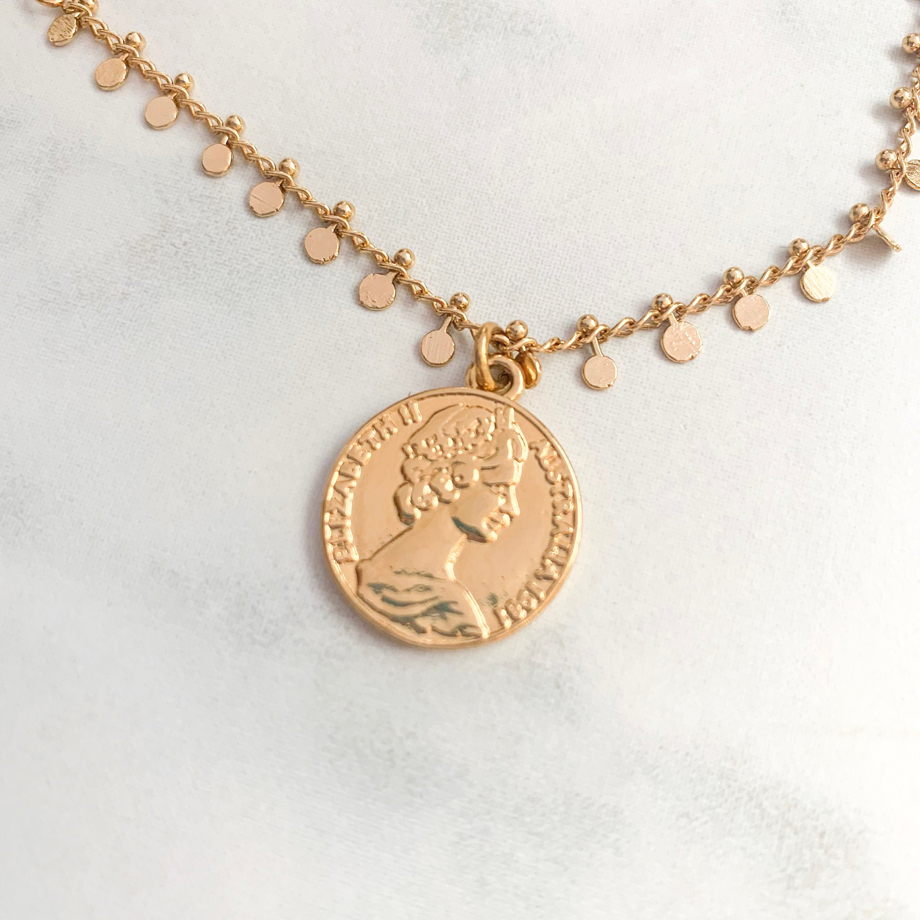 Sale Gold Queen Elizabeth Coin Necklace Duel Sided Disc Etsy