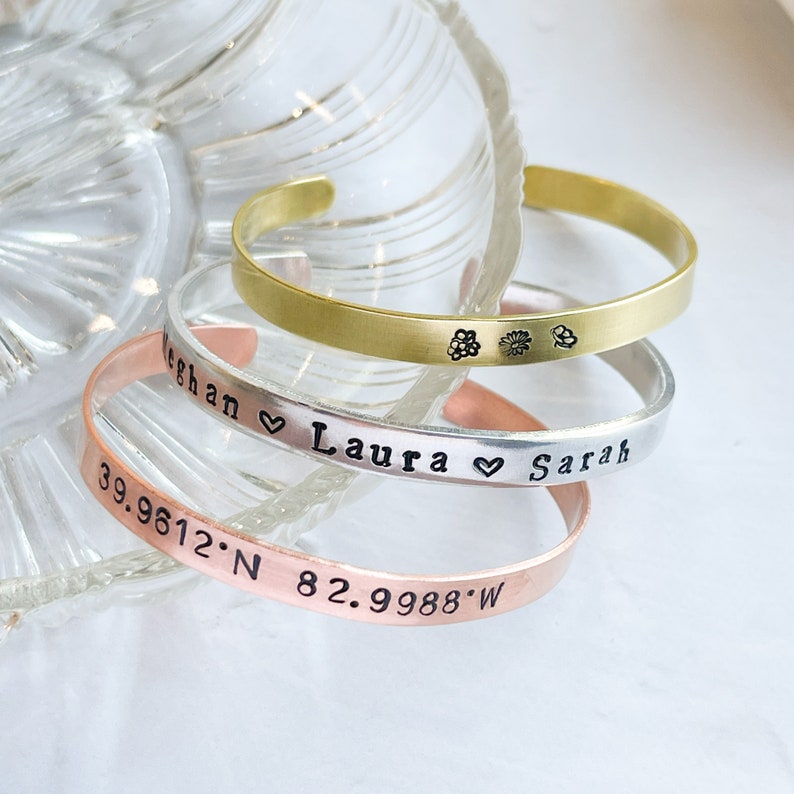 1/4 Custom Mantra Cuff Medium Cuff Personalized Bracelet Hand Stamped Cuff Custom Text Quote Monogram Coordinates Dates image 1