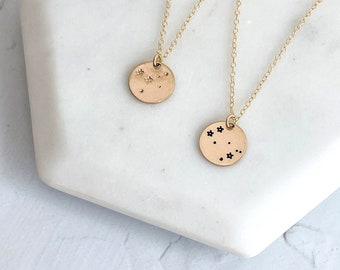 Stamped Zodiac Constellation Charm Necklace | Circle Pendant | Coin | Star Sign | Gold Filled | Sterling Silver | Rose | Astrological