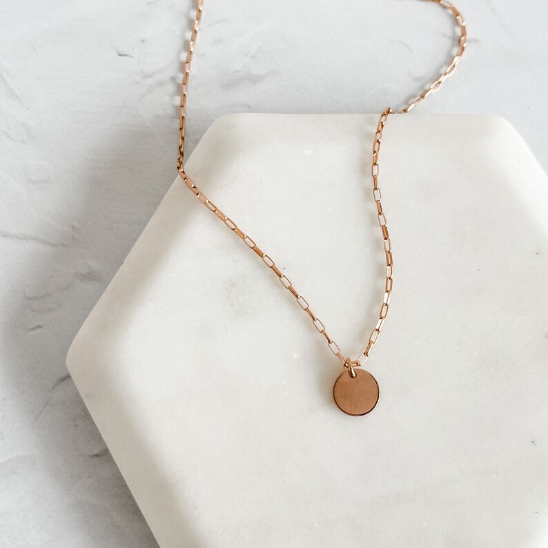 Customizable Small Disc Necklace Hand Stamped Personalization Dainty Chain Sterling Silver Gold Filled Rose Gold Filled image 7