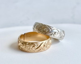 Sterling Silver Floral Regalia Ring, Adjustable Seam Band