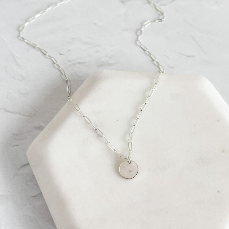 Customizable Small Disc Necklace Hand Stamped Personalization Dainty Chain Sterling Silver Gold Filled Rose Gold Filled image 6