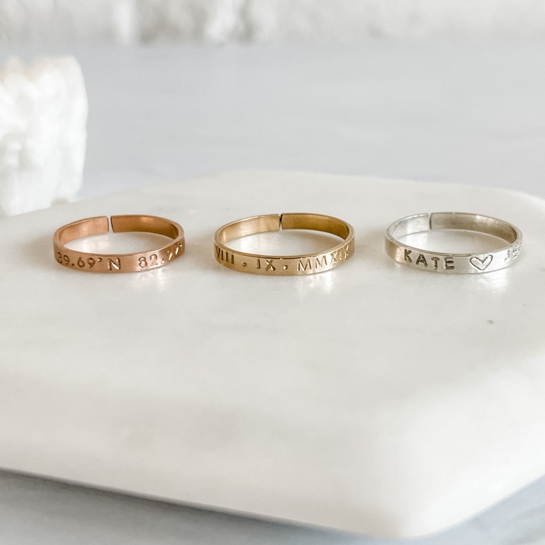 Premium Customizable Ring Thin 1/8 Band Personalized Sterling Silver 14k Gold Filled Adjustable Custom Sizing Hand Stamped image 3