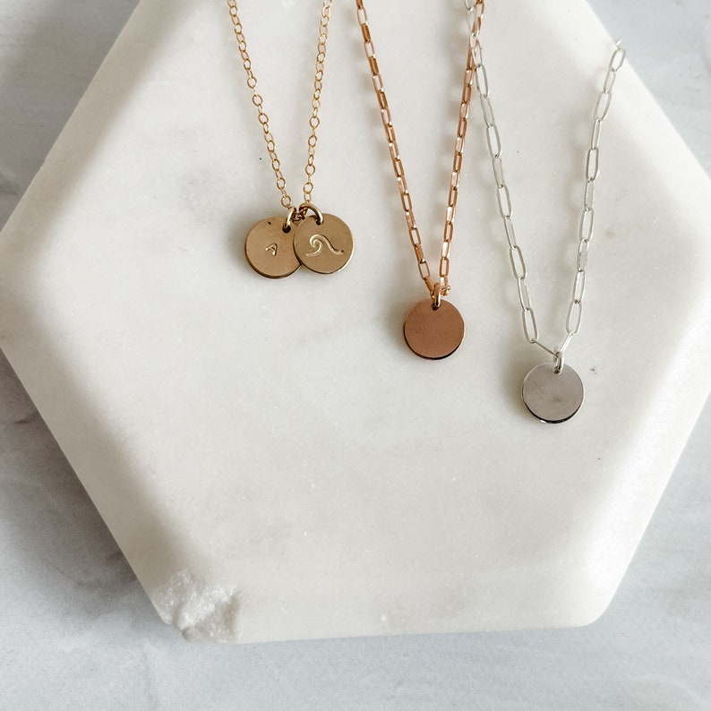 Customizable Small Disc Necklace Hand Stamped Personalization Dainty Chain Sterling Silver Gold Filled Rose Gold Filled image 2