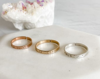 Premium Customizable Ring | Thin | 1/8" Band | Personalized | Sterling Silver | 14k Gold Filled | Adjustable | Custom Sizing | Hand Stamped
