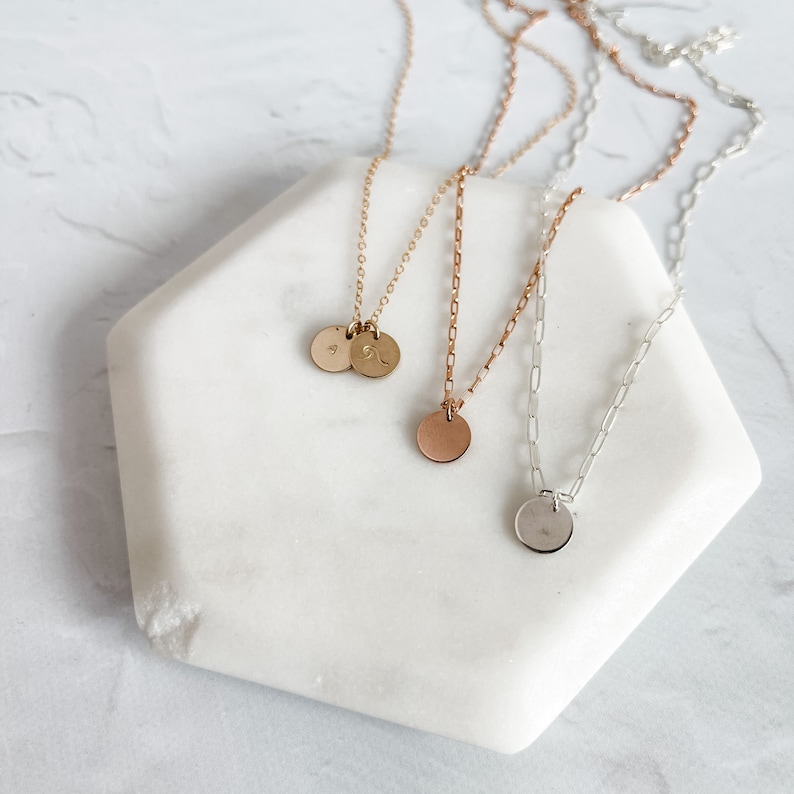 Customizable Small Disc Necklace Hand Stamped Personalization Dainty Chain Sterling Silver Gold Filled Rose Gold Filled image 1