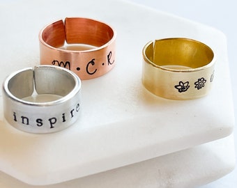 Thick Customizable Ring | 3/8" Band | Personalized | Brass | Aluminum | Copper | Adjustable Ring | Custom Sizing | Hand Stamped