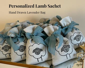 Personalized Lamb Lavender Sachet, Hand Drawn Linen Bag, Baby Shower Favor