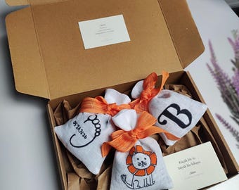 Set de regalo para bebé con diseño de león (3 piezas) – Caja de lavanda personalizada, regalo para recién nacido, decoración para la habitación del bebé.