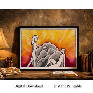 May include: A framed art print with a stylized illustration of two figures. One figure holds a sword, the other reclines. The background has a yellow and orange burst design. The text "Digital Download | Instant Printable" is at the bottom.
