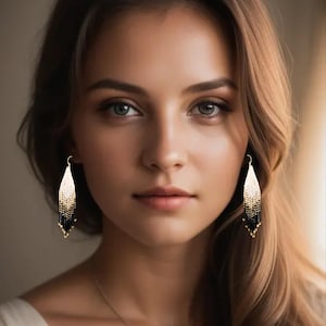 Black White Gold Dangle Fringe Earrings  - approx. 3.25 in. long - Miyuki Japanese Glass Delica Beads