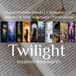Op de afbeelding: Tien printbare bladwijzers met afbeeldingen geïnspireerd door de Twilight-saga. De bladwijzers zijn in een verticaal formaat en bevatten afbeeldingen van een wolf, een stel en een bos scène. De tekst "Twilight Inspired Bookmarks" wordt onderaan de afbeelding weergegeven.