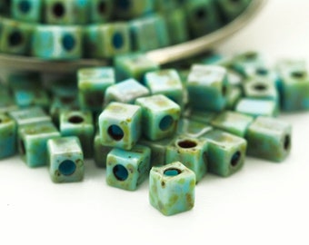 50 Turquoise Blue Picasso Miyuki 4mm Cube Seed Beads - 100% Guarantee