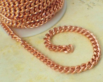 Solid Copper 6.8mm Links - Diamond Cut Curb Chain - Made in the USA - Any Length Finished or by the Foot Chain and Bulk