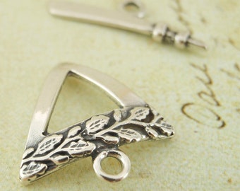 1 Antiqued Sterling Silver Toggle Clasp - Triangle with Leaf Relief -  16mm X 15mm