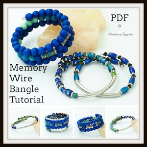 May include: A PDF tutorial for making memory wire bangles. The tutorial shows how to make three different styles of bangles using blue and green beads, silver wire, and star-shaped beads. The tutorial is by Unkamen Supplies.