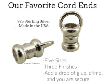 One Set of 2 Sterling Silver Cord Crimp Ends - 1mm, 1.5mm, 2mm, 2.5mm or 3mm - Made in the USA - Antique, Black or Bright Finish